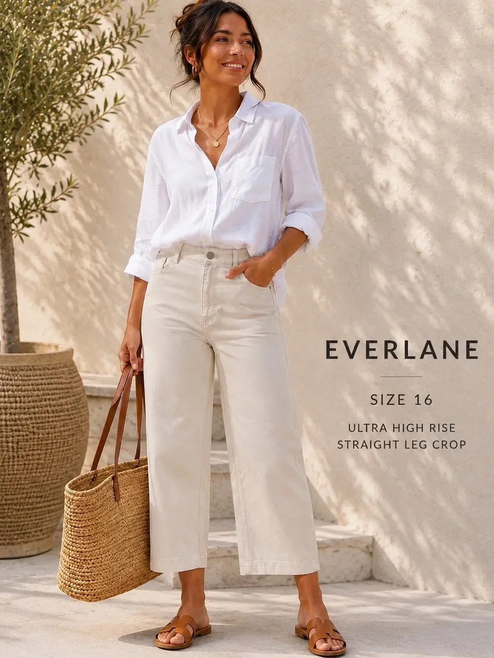 Everlane Women’s Size 16 White High Rise Straight Leg Crop Pants Cotton Stretch